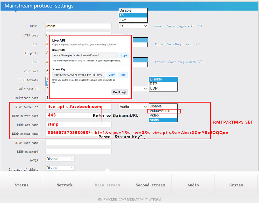 Log in the control web of the video encoder. Find the "Mainstream encoding settings" Page, Input RTMP/RTMPS set as bellow